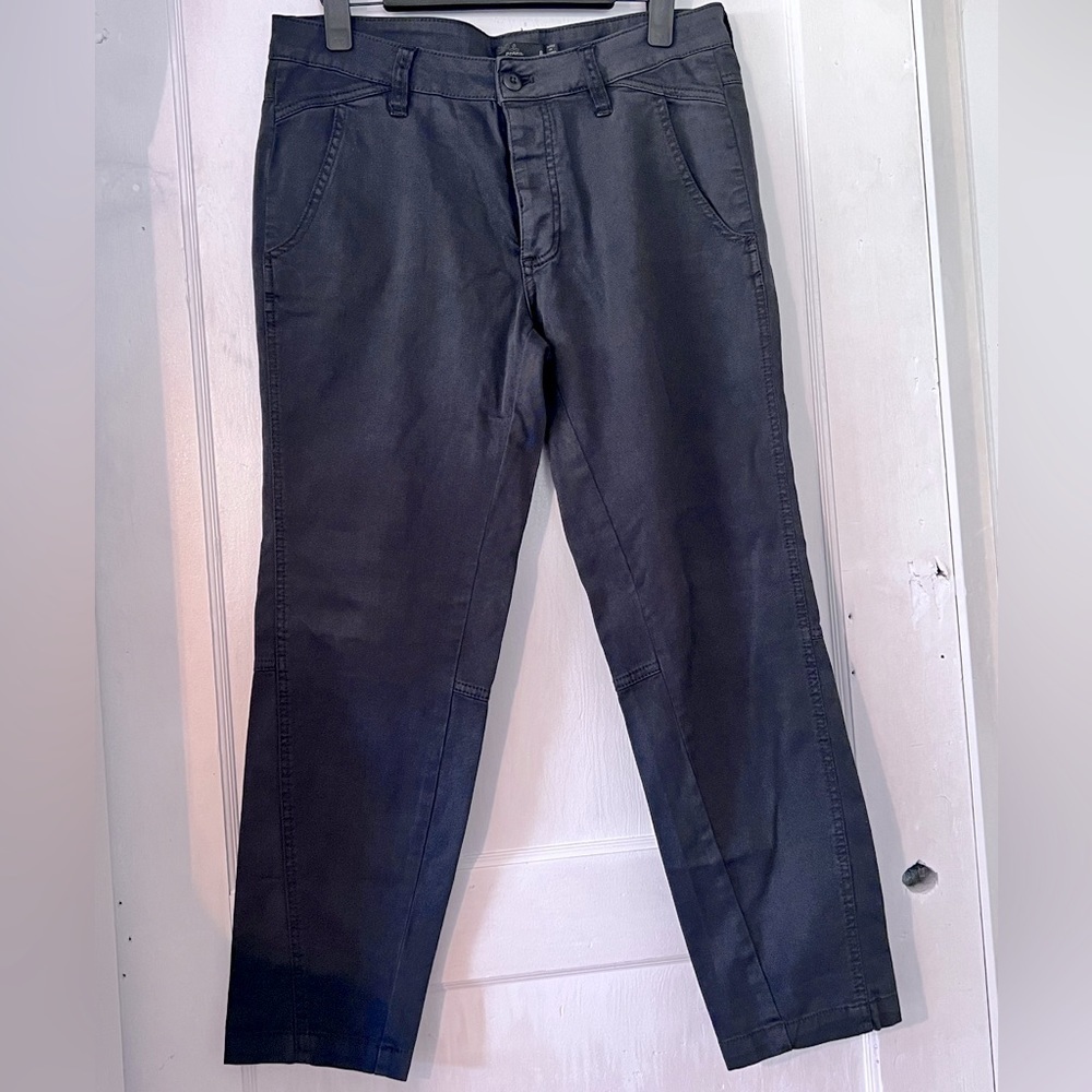 PRANA WOMENS ANKLE PANT SZ 8 BUTTON FLY DK GRAY ORGANIC COTTON STRETCH POCKETS